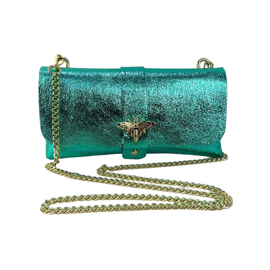Leather Party Bag with Chain: Bottle Green