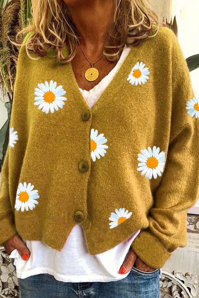 Daisy Pattern V-neck Cardi: Black / S