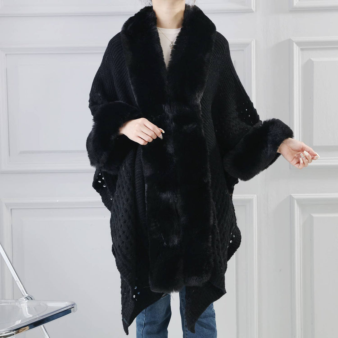 PE364 Hand knitted crochet fur trim cape: Baby Blue