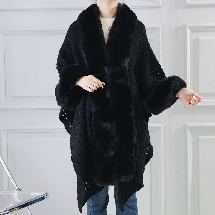 PE364 Hand knitted crochet fur trim cape: Baby Blue