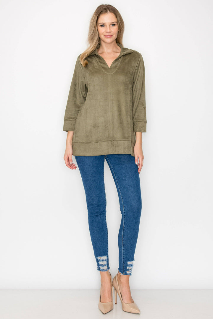 Addison Stretch Suede Top: Khaki / L / 53063A