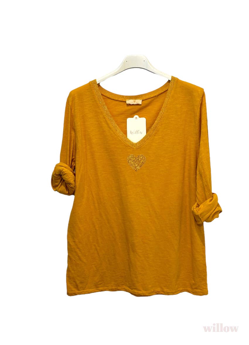 Gold heart long sleeve lurex collar top: Jeans