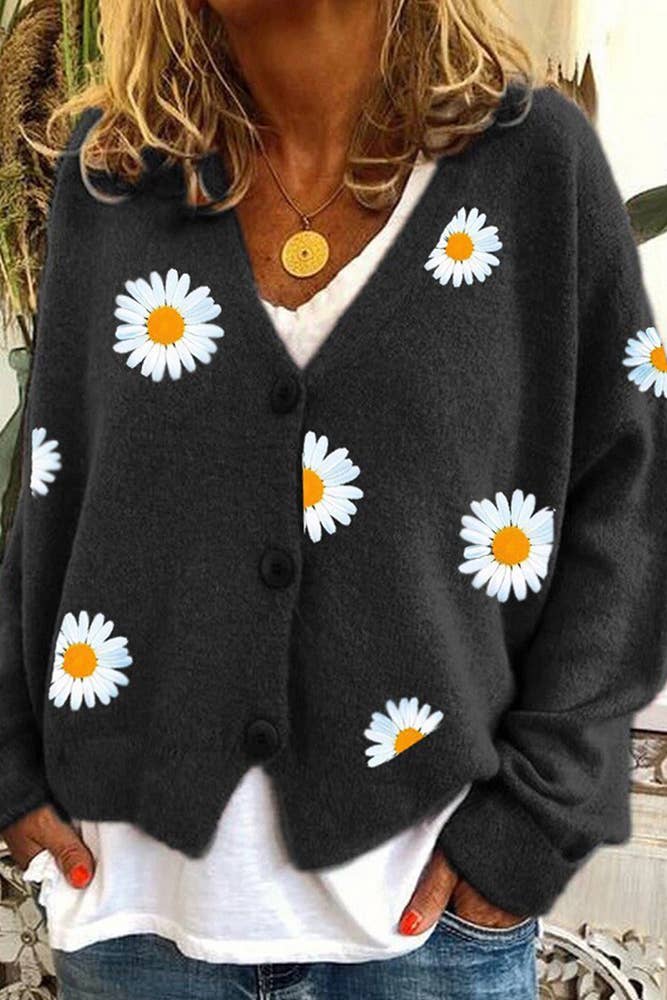 Daisy Pattern V-neck Cardi: Black / S