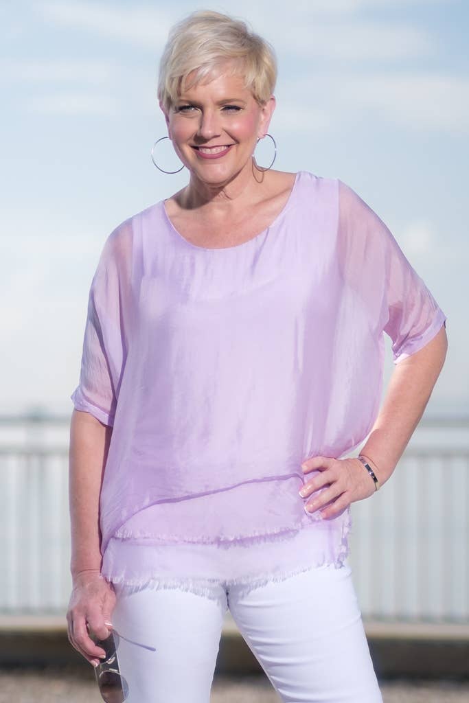 Adriana Silk Double Raw Edge Top (BQ209): Navy