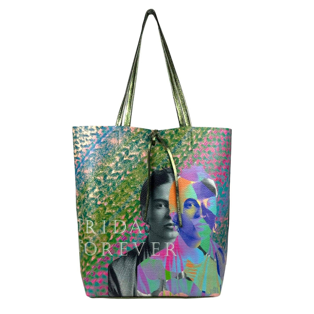 Leather Shopper Bag with Frida Kahlo: Blue