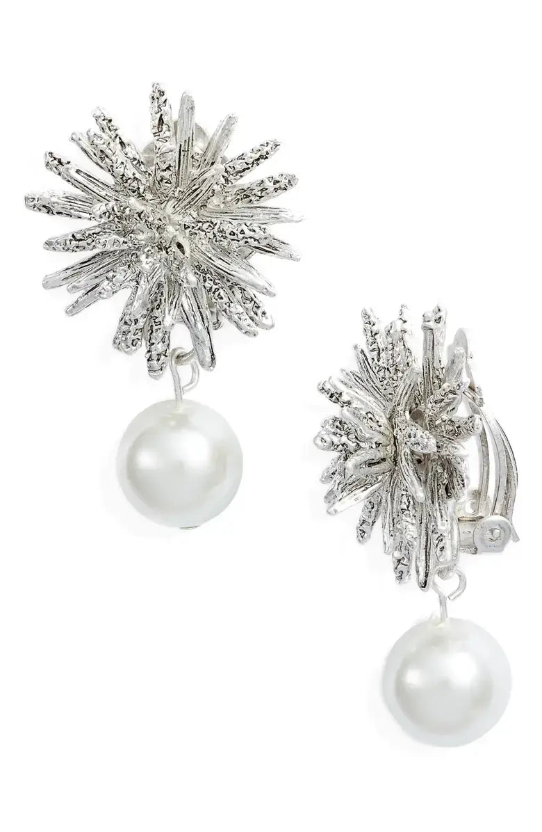- Starburst clip on earrings with faux pearl drop: Gold