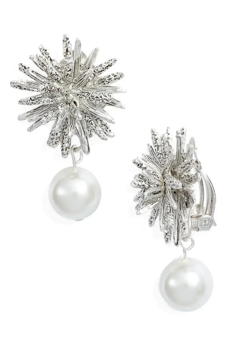 - Starburst clip on earrings with faux pearl drop: Gold