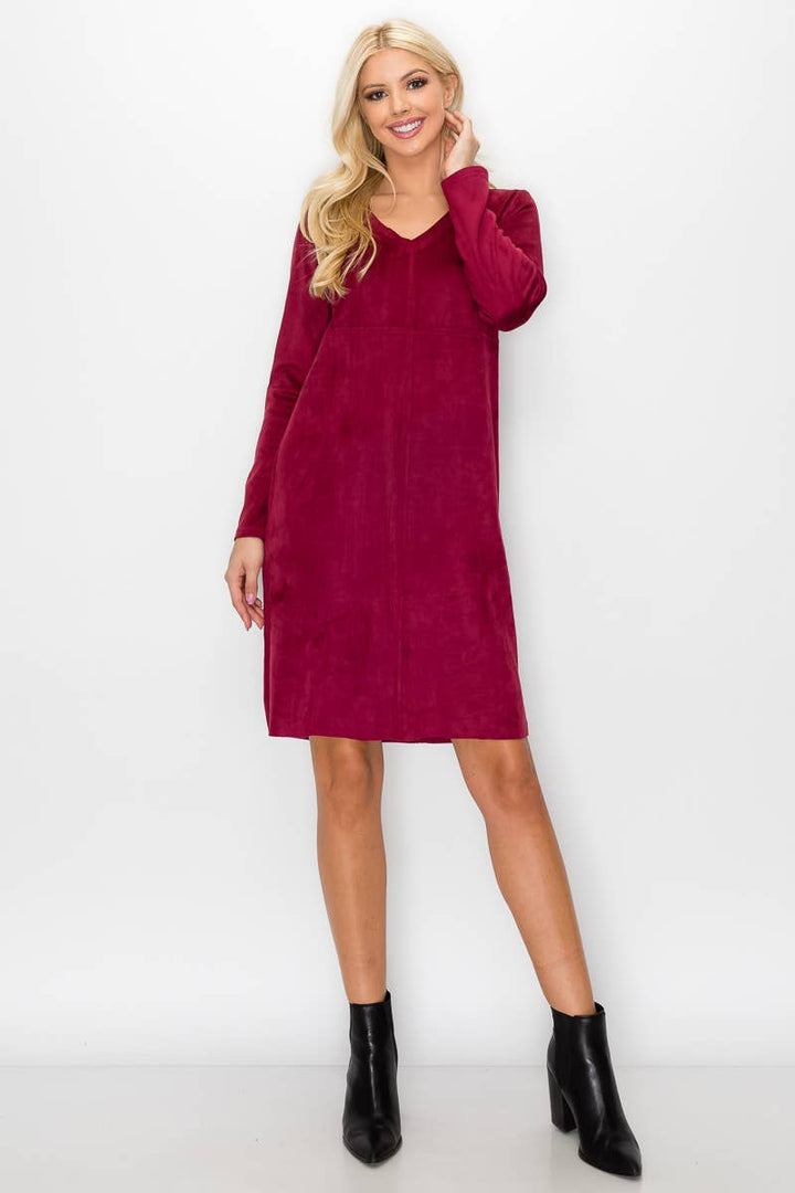 Aurora V-Neck Suede Dress: BLK / M / 2059V-NP