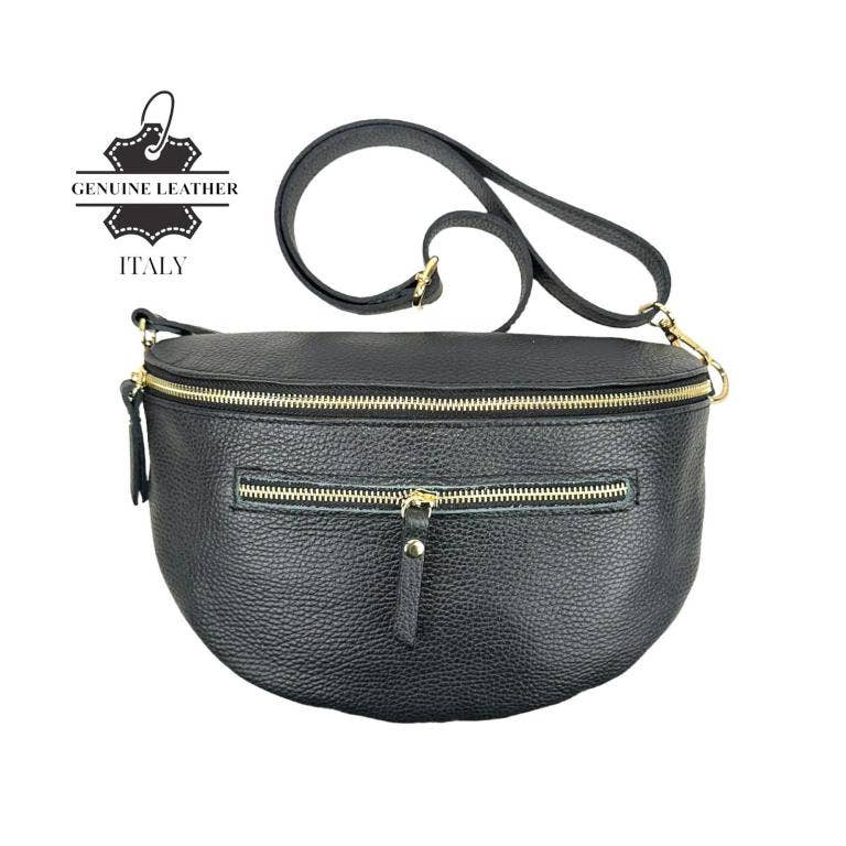 Large Italian Leather Waist Bag: Silver