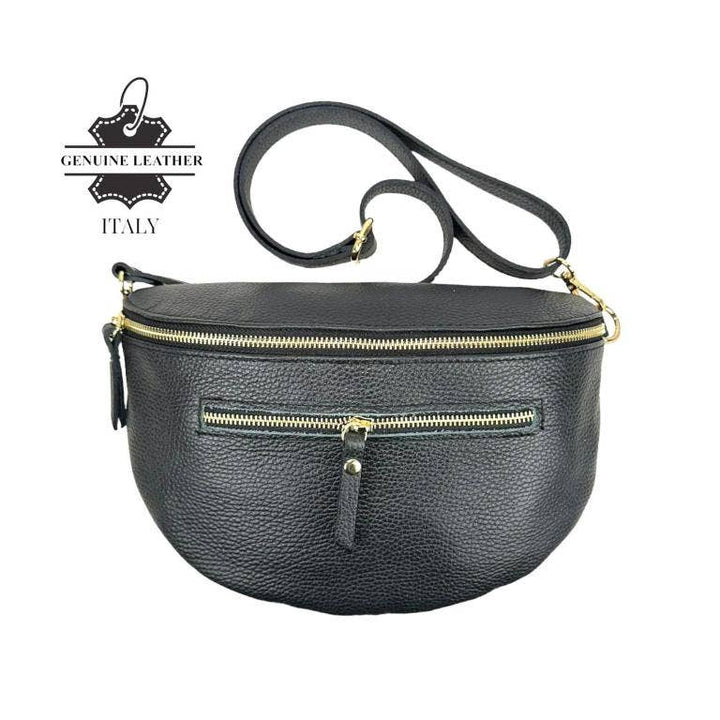 Large Italian Leather Waist Bag: Silver