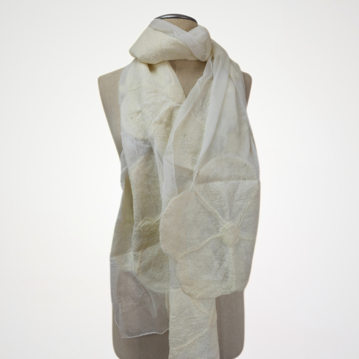White on white floppy flowers felted scarf