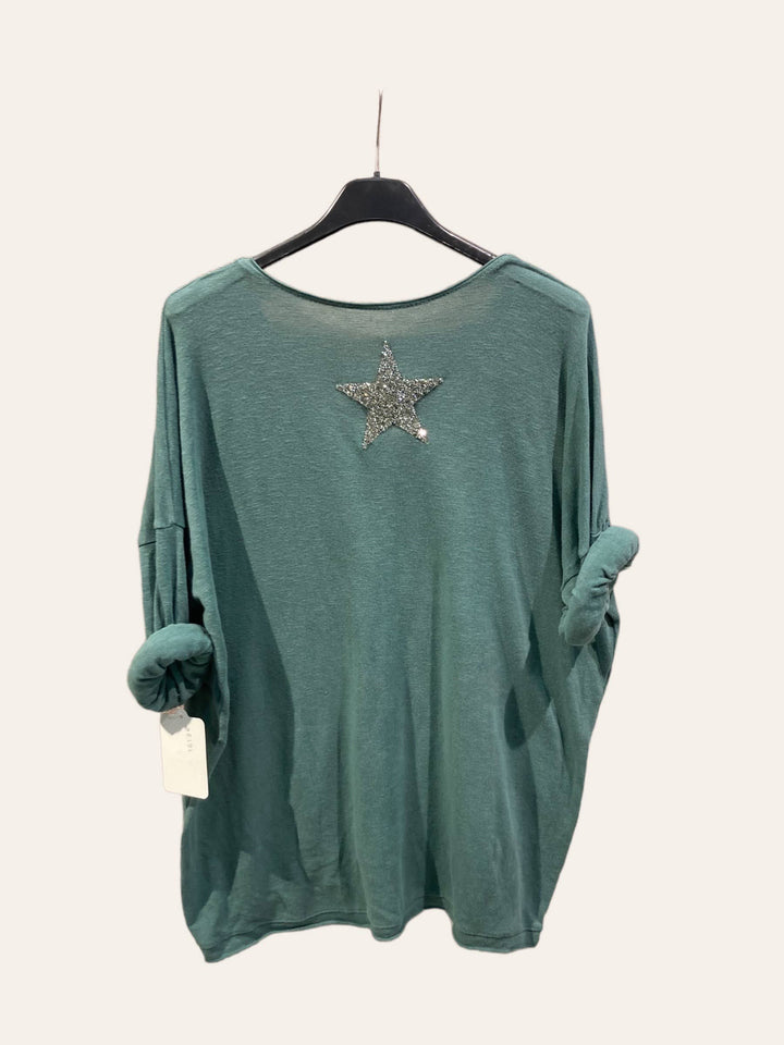 Cotton top with a rhinestone star : PETROL BLUE