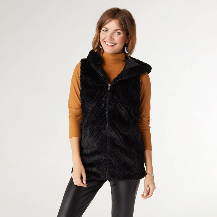 Faux Fur Hooded Vest: Black / L/XL