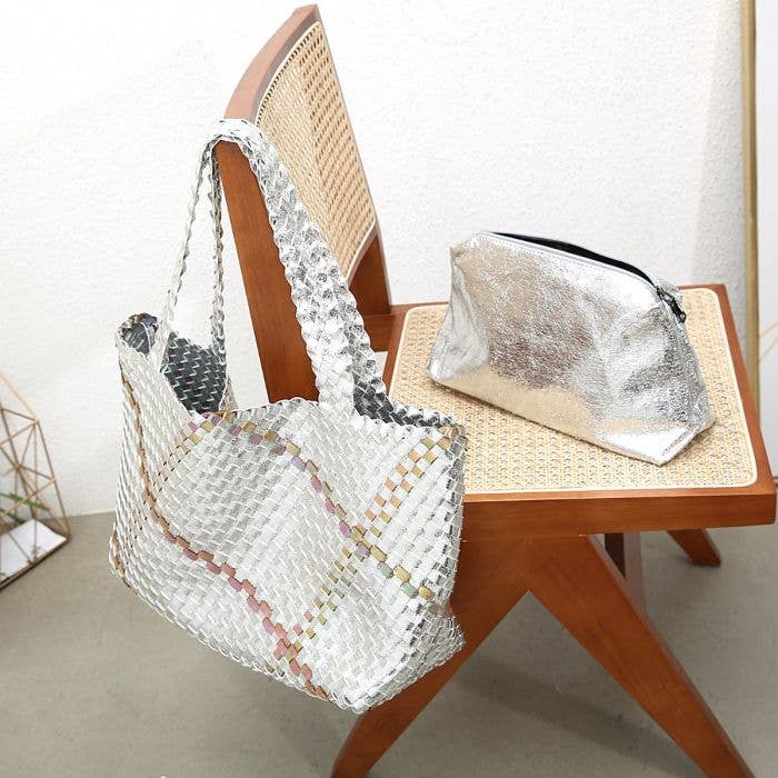 PEACH ACCESSORIES - 60262  Bag in Bag Large Weave tote bag: Gold