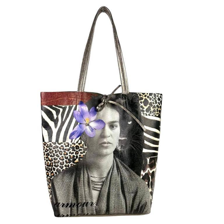 Leather Shopper Bag with Frida Kahlo: Blue