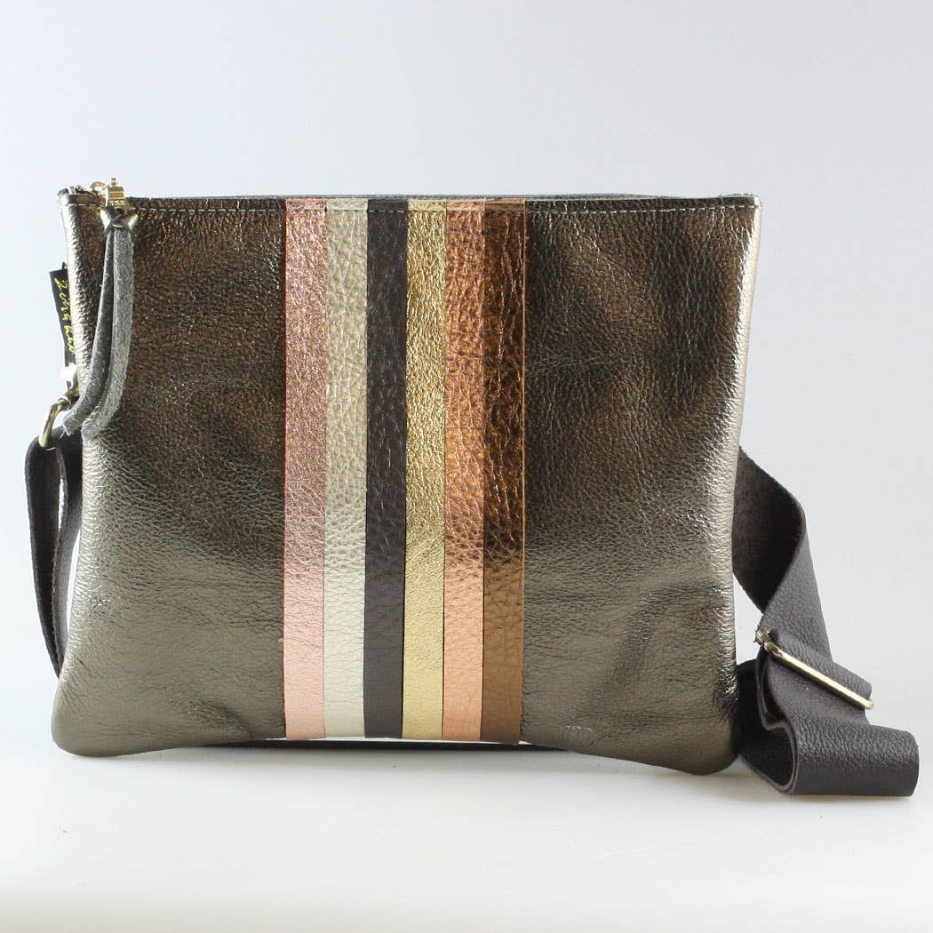 Neutral Stripe Taylor Crossbody: Gunmetal with Neutral Rainbow Stripes / Unlined / 9"x7.5"