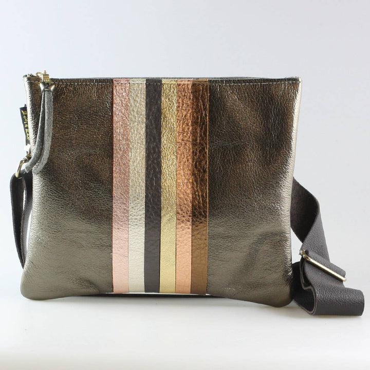 Neutral Stripe Taylor Crossbody: Gunmetal with Neutral Rainbow Stripes / Unlined / 9"x7.5"