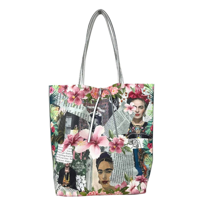 Leather Shopper Bag with Frida Kahlo: Blue