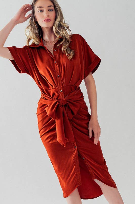 WAIST TIE BELT MIDI SHIRT DRESS: TEAL