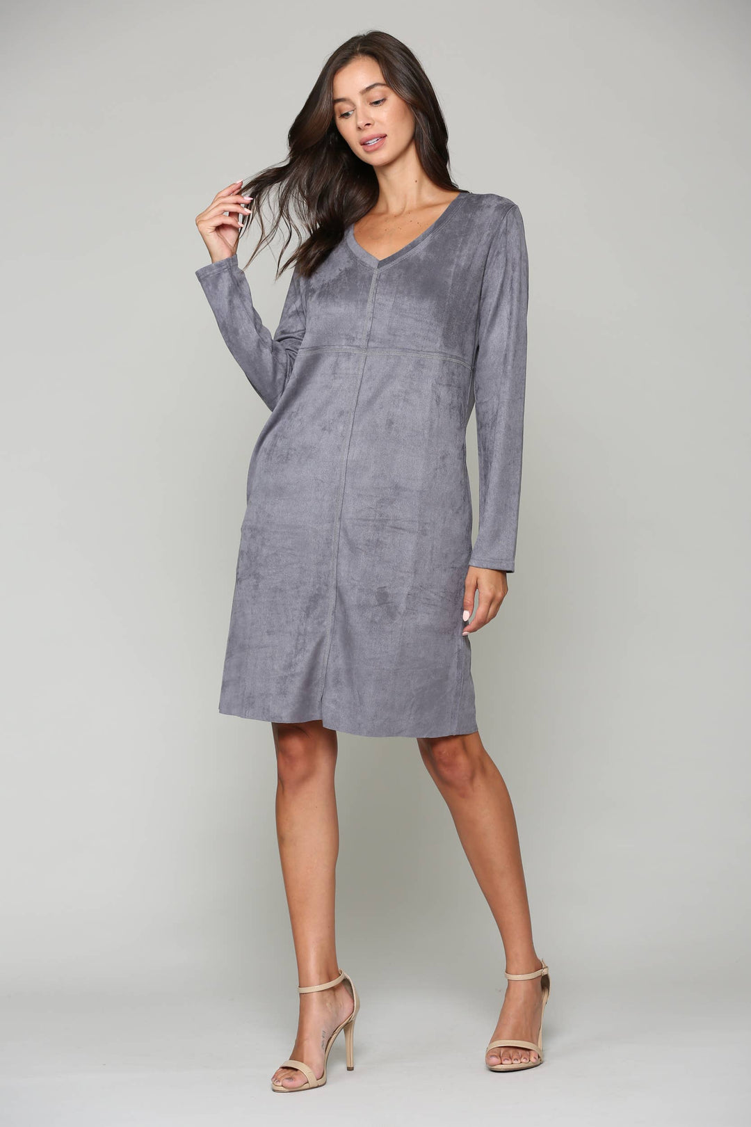 Aurora V-Neck Suede Dress: KHAKI / XS / 2059V