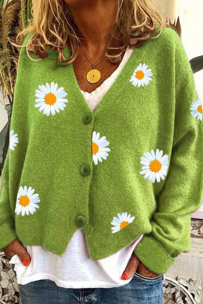 Daisy Pattern V-neck Cardi: Black / S