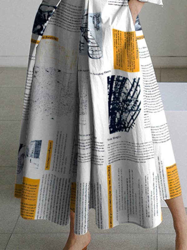 Newspaper Print Pleated Tied Waist Long Sleeves Loose Lapel: YELLOW / S