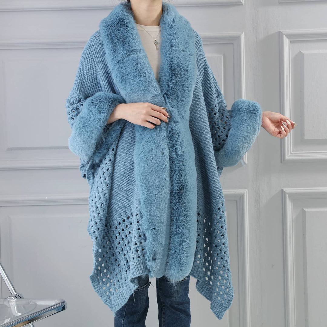 PE364 Hand knitted crochet fur trim cape: Baby Blue