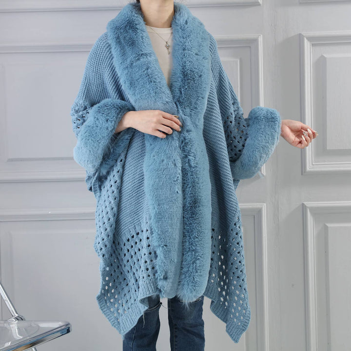 PE364 Hand knitted crochet fur trim cape: Baby Blue