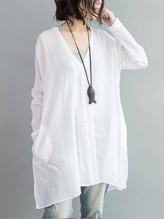V-neck Two-pieces Blouses Shirt: WHITE