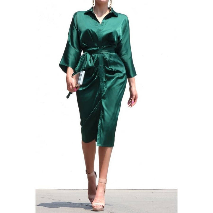 SATIN DRESS WITH WAIST TIE: BURGUNDY / L