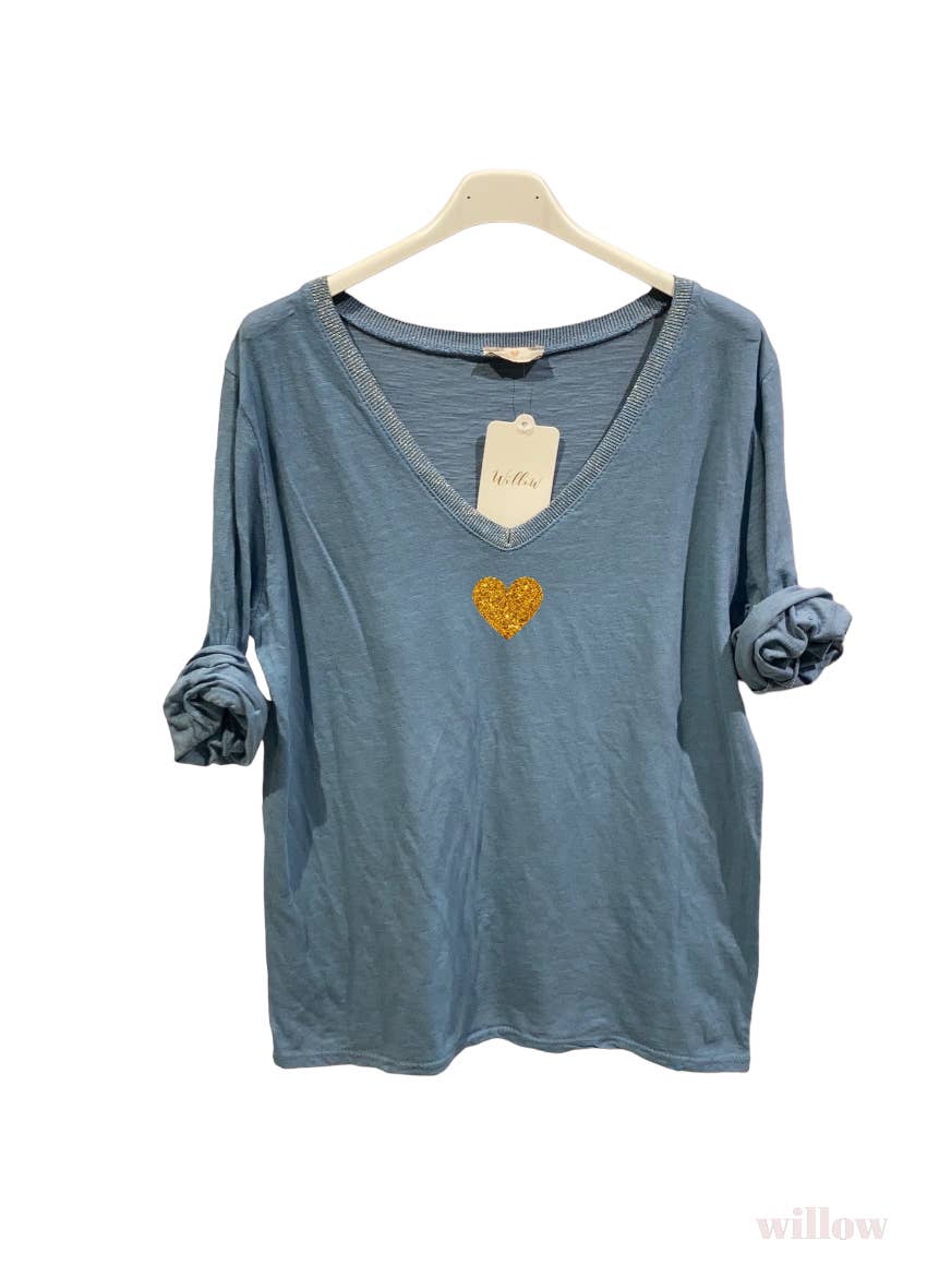 Gold heart long sleeve lurex collar top: Fuchsia