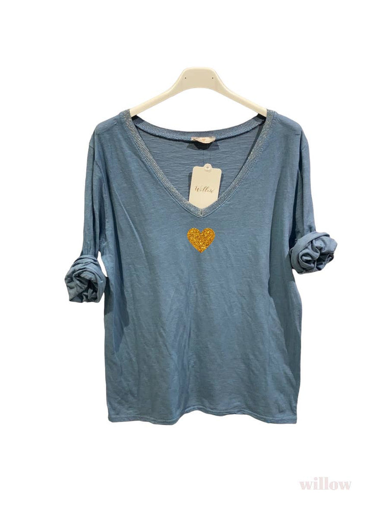 Gold heart long sleeve lurex collar top: Jeans