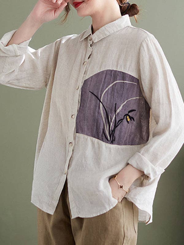 Embroidered Lapel Tops: APRICOT / XL