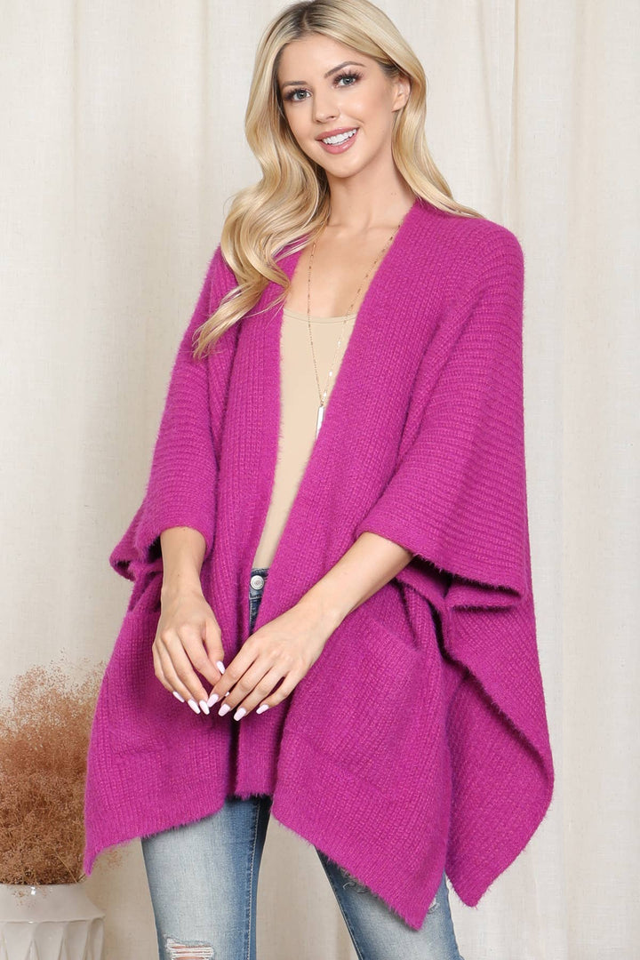 KNIT SOLID WITH POCKET KIMONO: Black