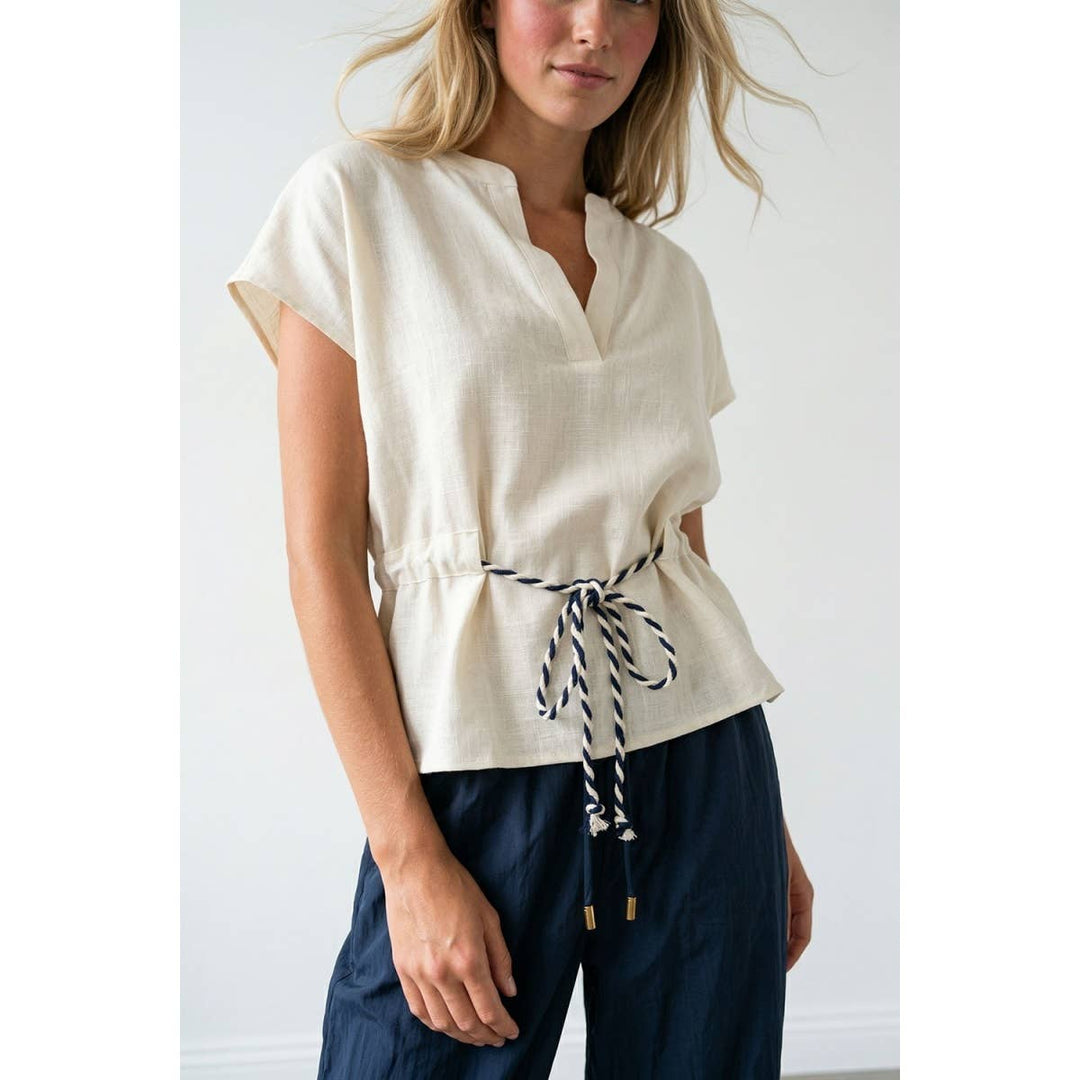 Rope Tie Waist Top: Taupe / S