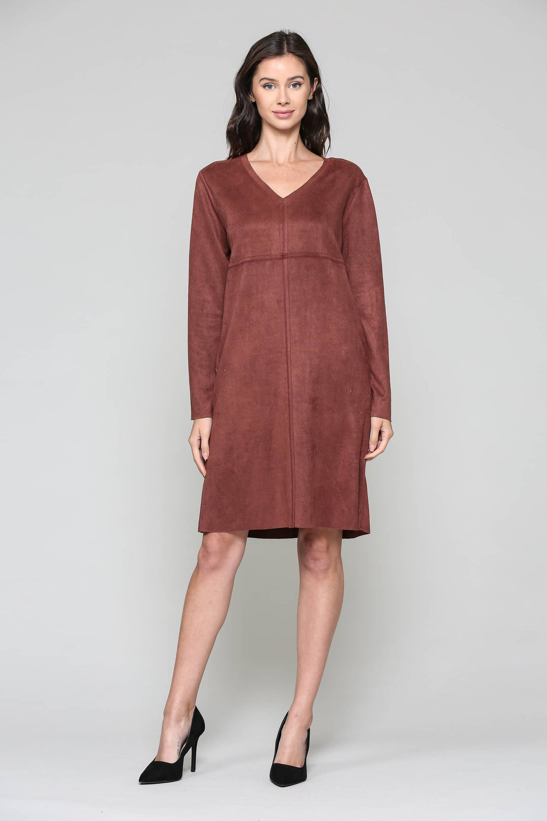 Aurora V-Neck Suede Dress: MAHOGANY / M / 2059V