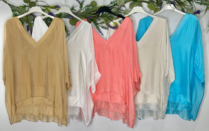 Silk Vneck Ruffle Top: Beige