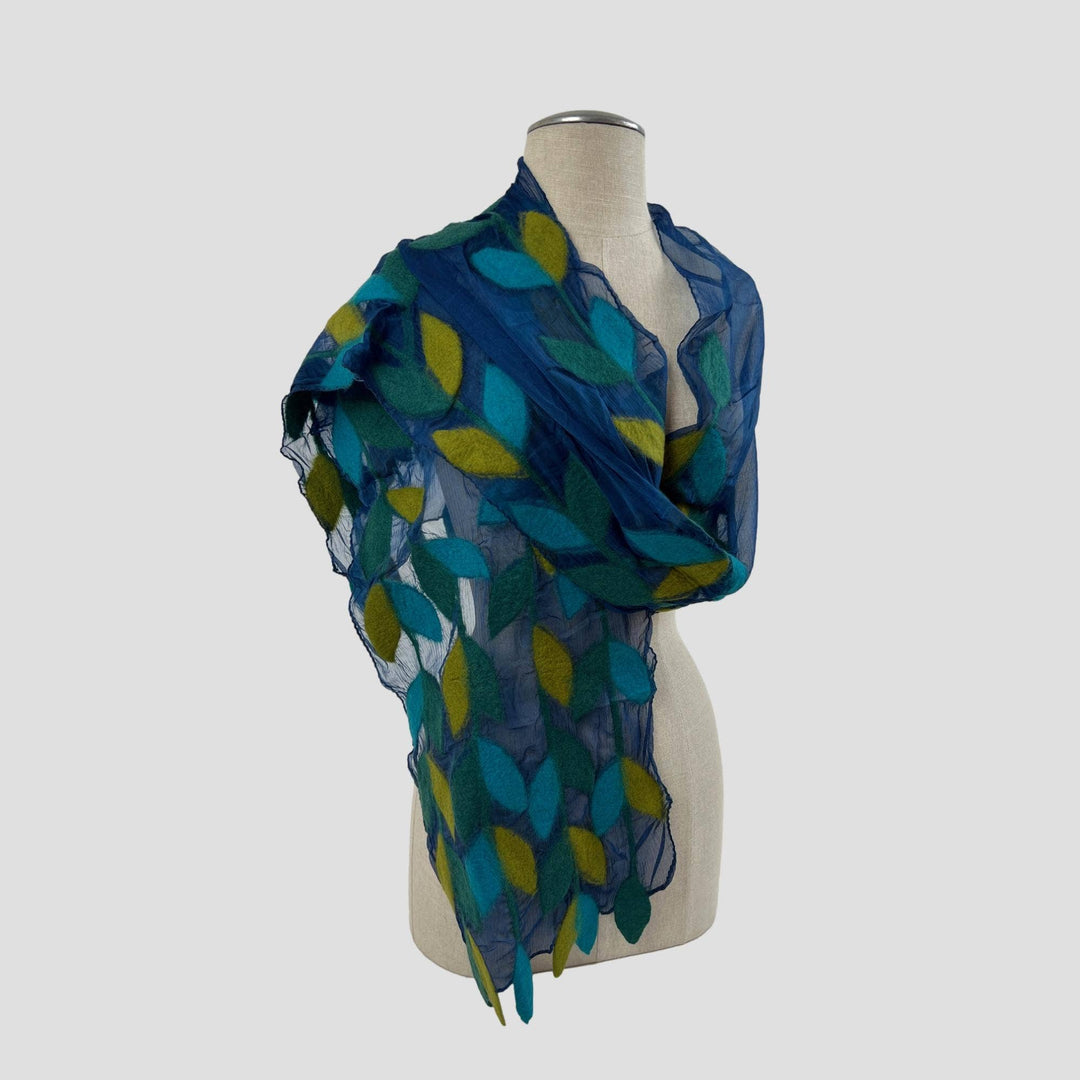 Leaf Merino Wool Handmade Felt Scarf: Blue-Green