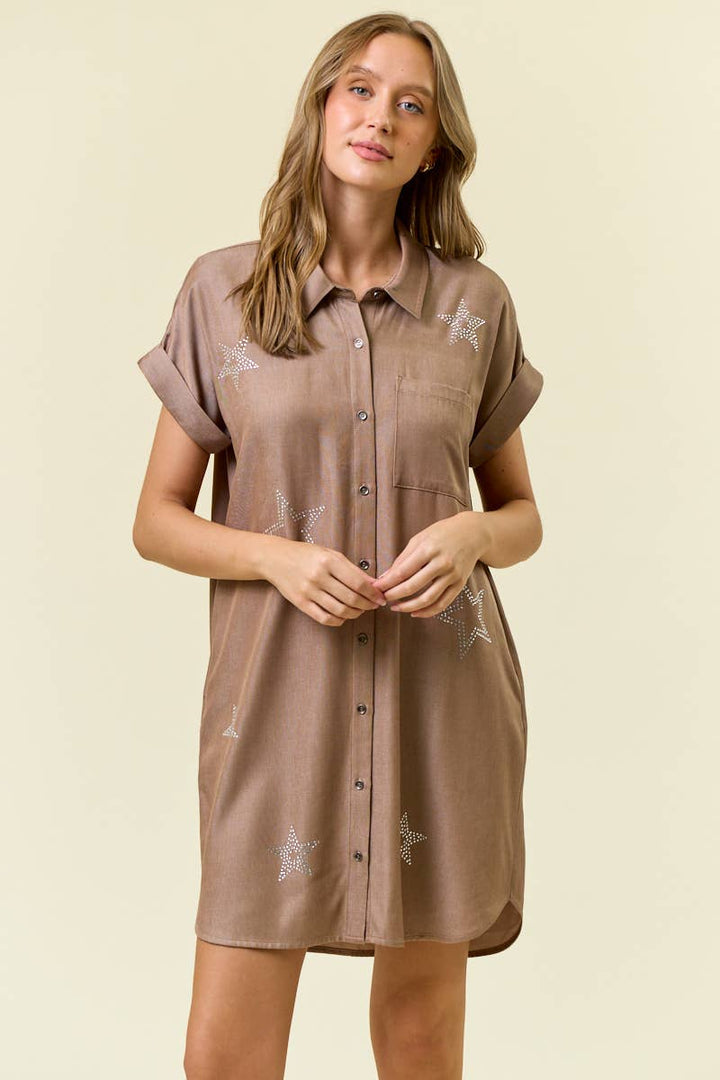 Doe and Rae - STAR STUDDED TENCEL SHIRT DRESS - 28102D: INDIGO / S
