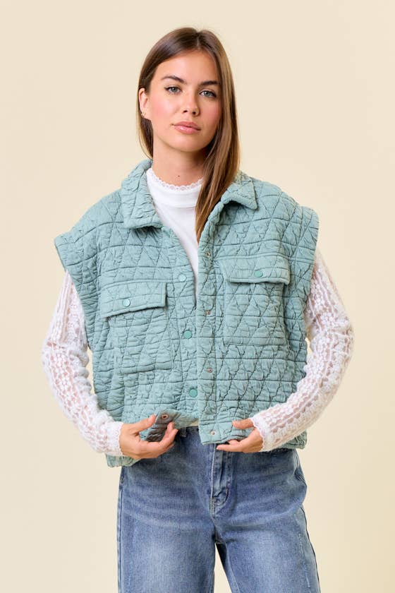 Doe and Rae - QUILTED POINT COLLAR FLAP PATCHED POCKET VEST - 10626J-1: OAT / M