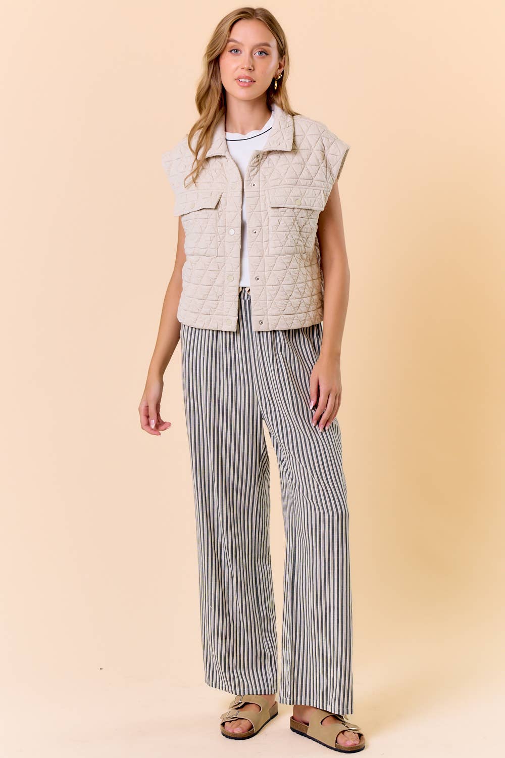 Doe and Rae - QUILTED POINT COLLAR FLAP PATCHED POCKET VEST - 10626J-1: OAT / S