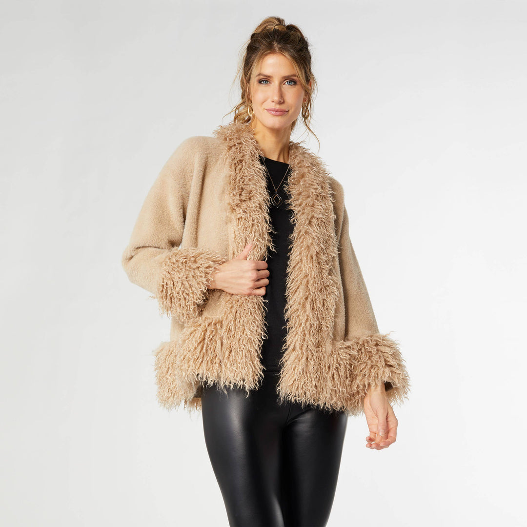 Cardigan Faux Fur Trim: Taupe / S/M