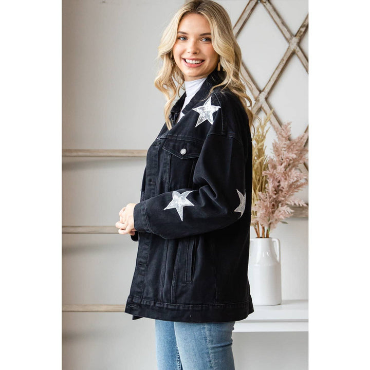 Sequins Star Patch Denim Jacket: Black / M