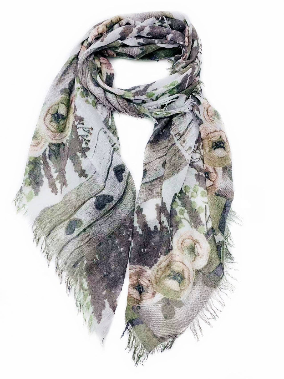 Grey Floral Rose & Lavender Fringe-Accent Scarf