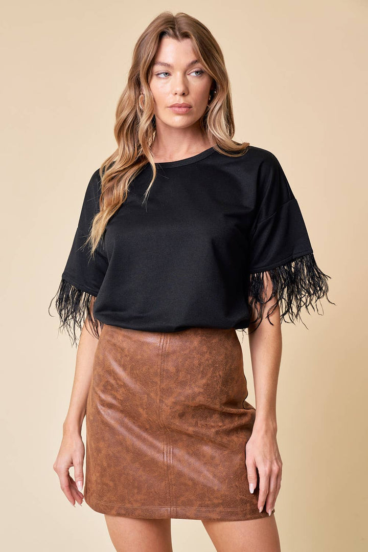 Top With Feather Trim - 13699T: Black / S