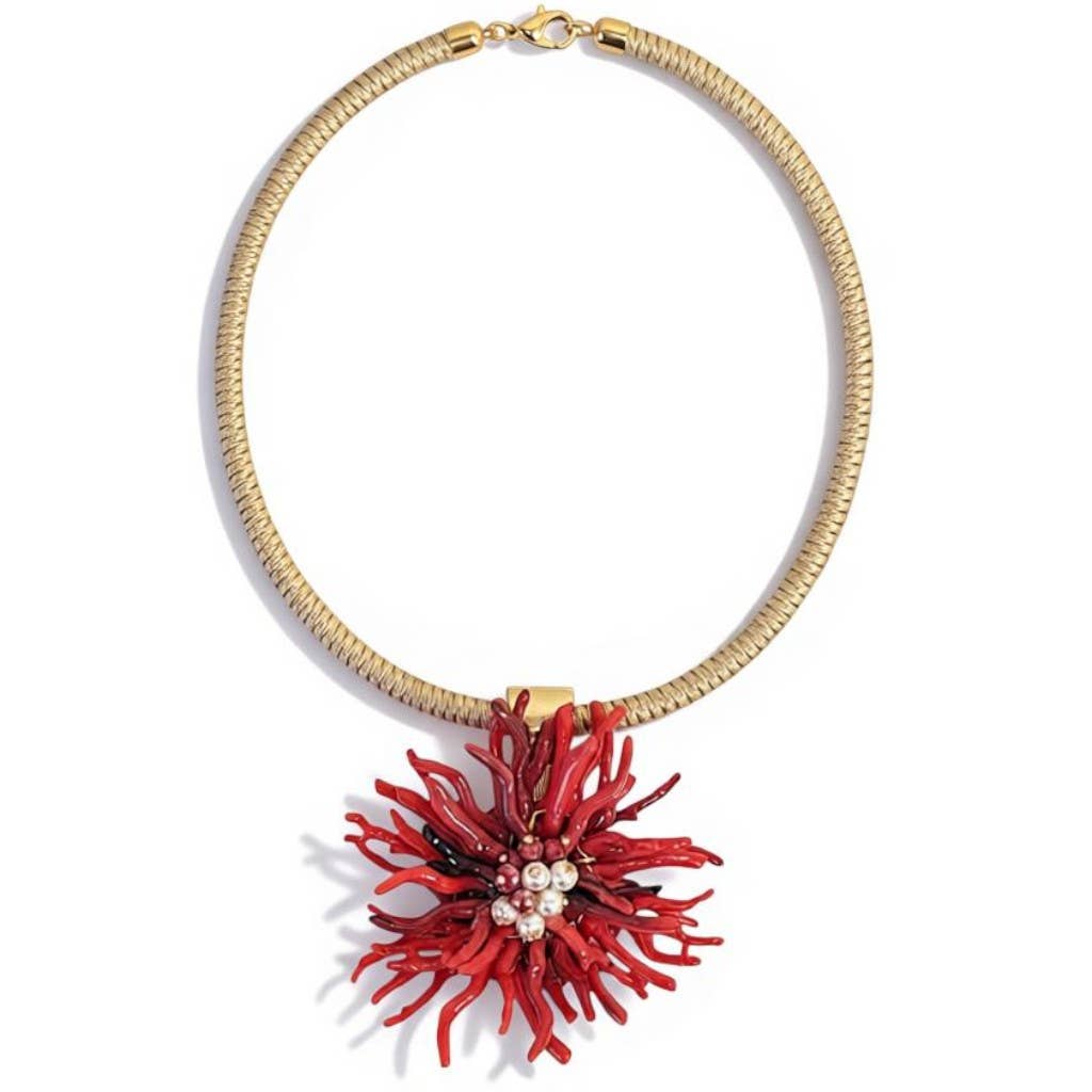 Bijoux Envie Statement Jewelry - Red Coral Flower Collar Necklace | Coastal Statement Jewelry