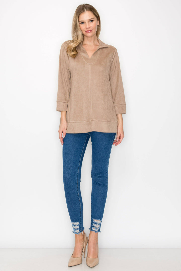 Addison Stretch Suede Top: Khaki / XS / 53063A