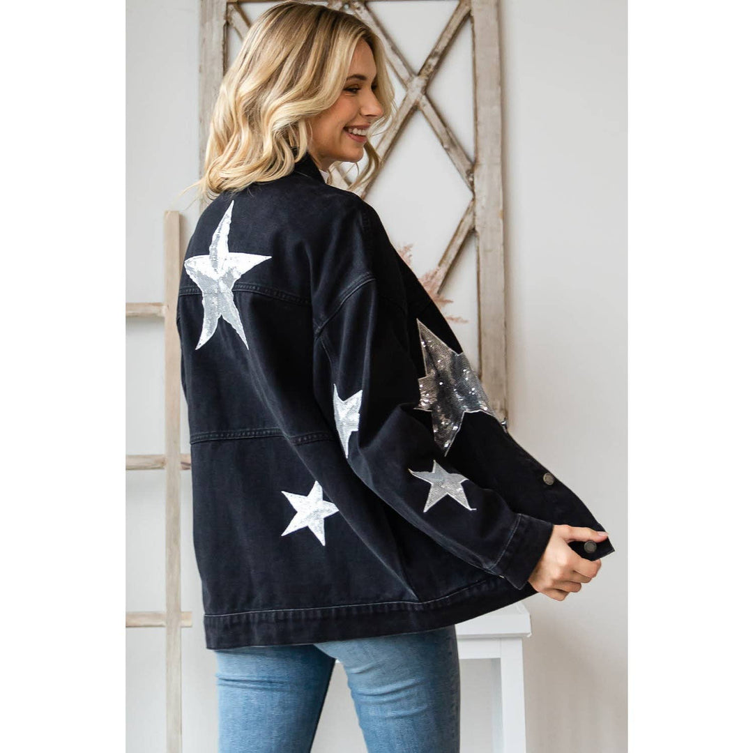 Sequins Star Patch Denim Jacket: Black / M