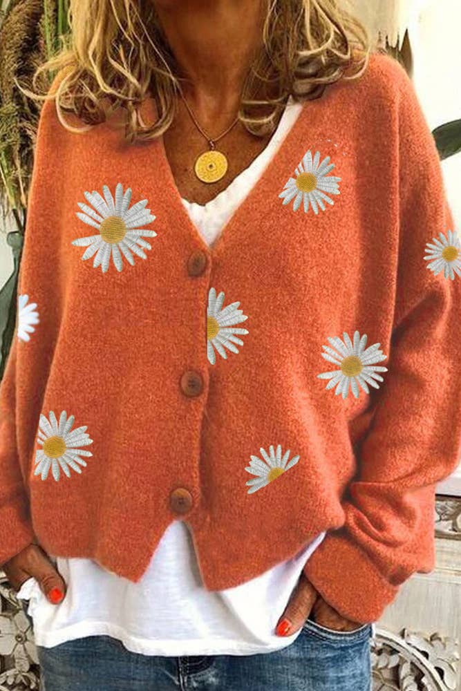 Daisy Pattern V-neck Cardi: Black / S