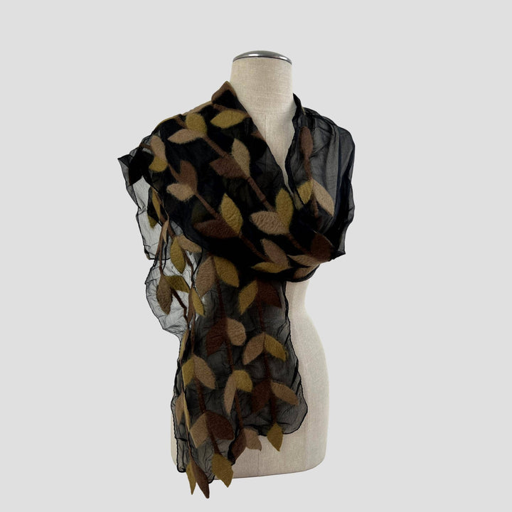 Leaf Merino Wool Handmade Felt Scarf: Tur-Green